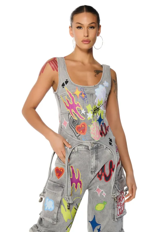 GRAFFITI DETAIL DENIM CORSET TOP sold by AKIRA