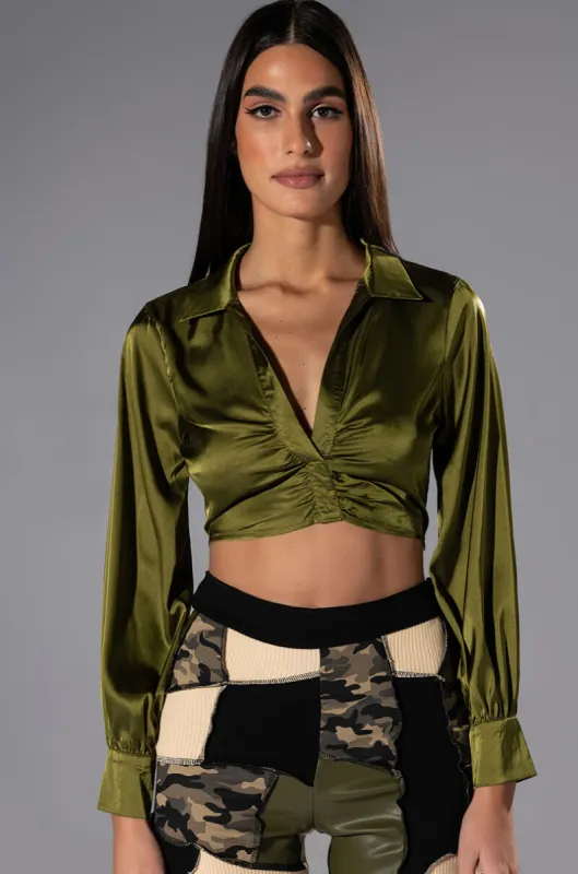 THINKING ABOUT FOREVER CROPPED SATIN BUTTON DOWN sold by AKIRA