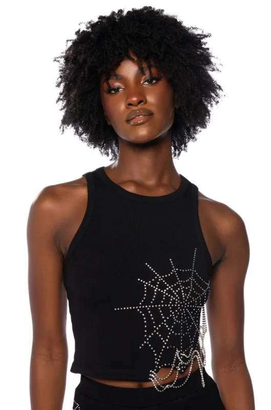 SPIDER WEBS EMBELLISHED CROPPED TANK sold by AKIRA