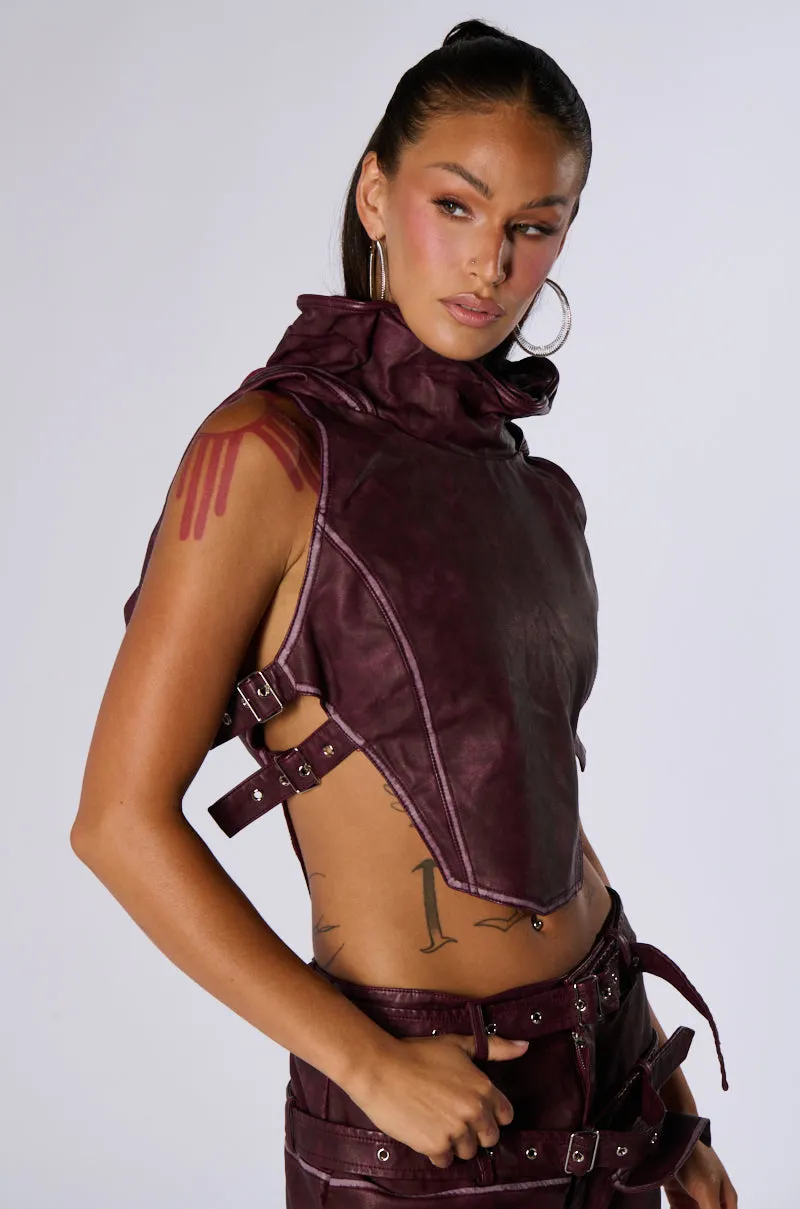 DESERT VIBE SLEEVELESS PU TOP IN BURGUNDY sold by AKIRA