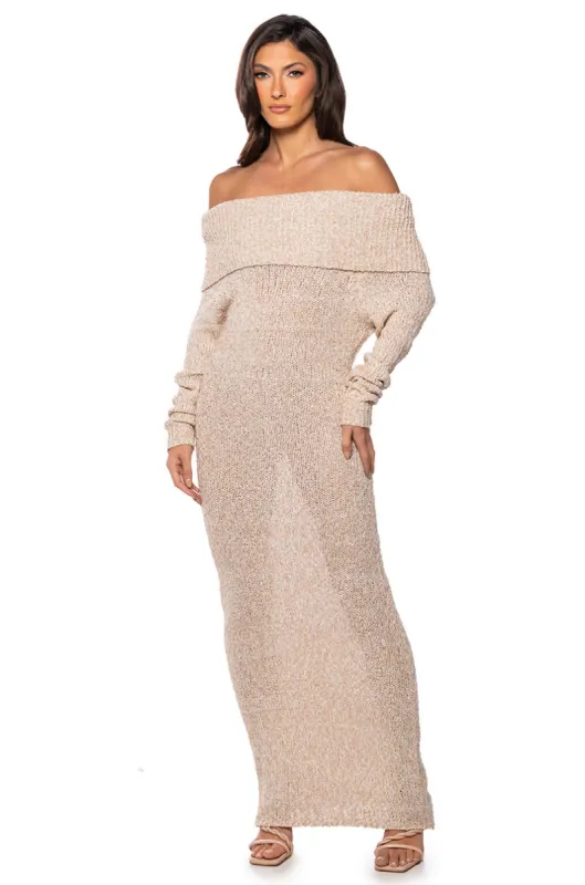 STORM OFF THE SHOULDER MAXI SWEATER DRESS sold by AKIRA
