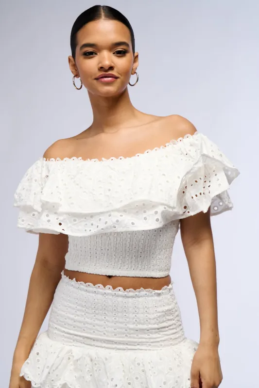 SUMMER LOVING OFF THE SHOULDER RUFFLE BLOUSE IN WHITE sold by AKIRA