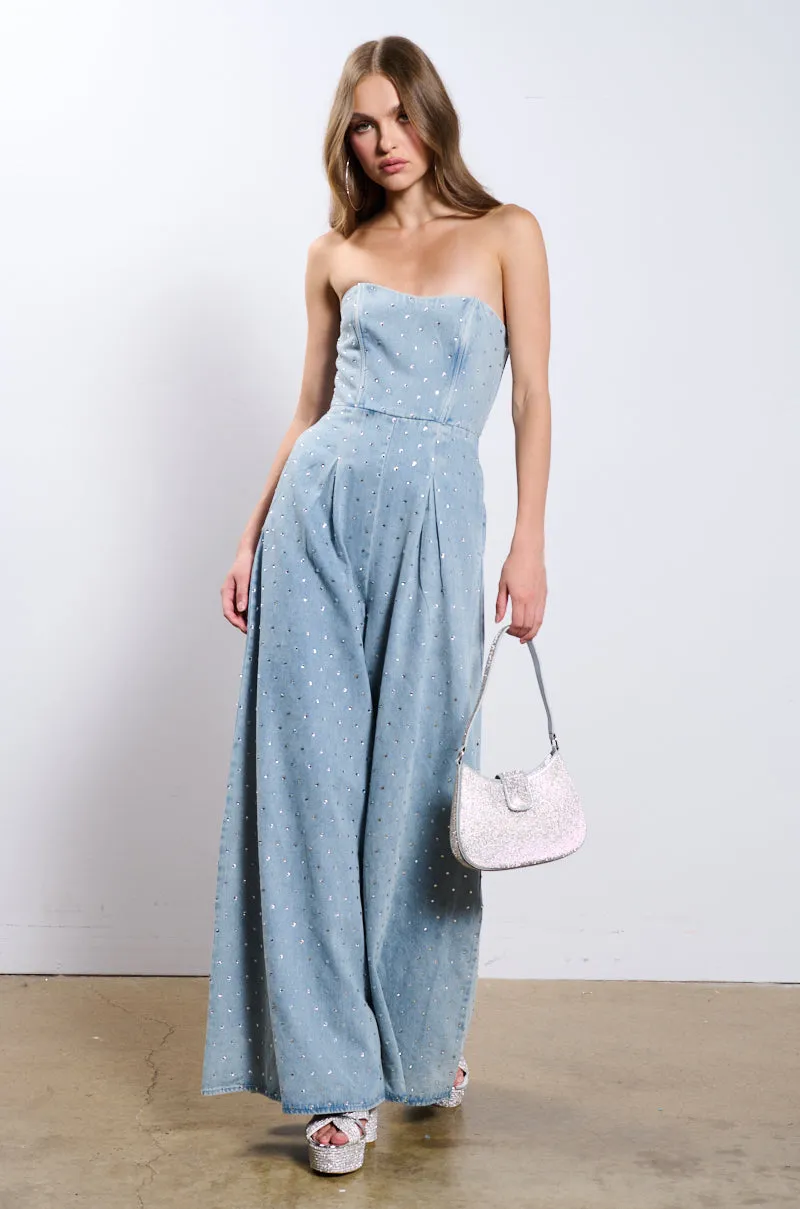 CAN'T OUTSHINE ME DENIM AND RHINESTONE JUMPSUIT sold by AKIRA