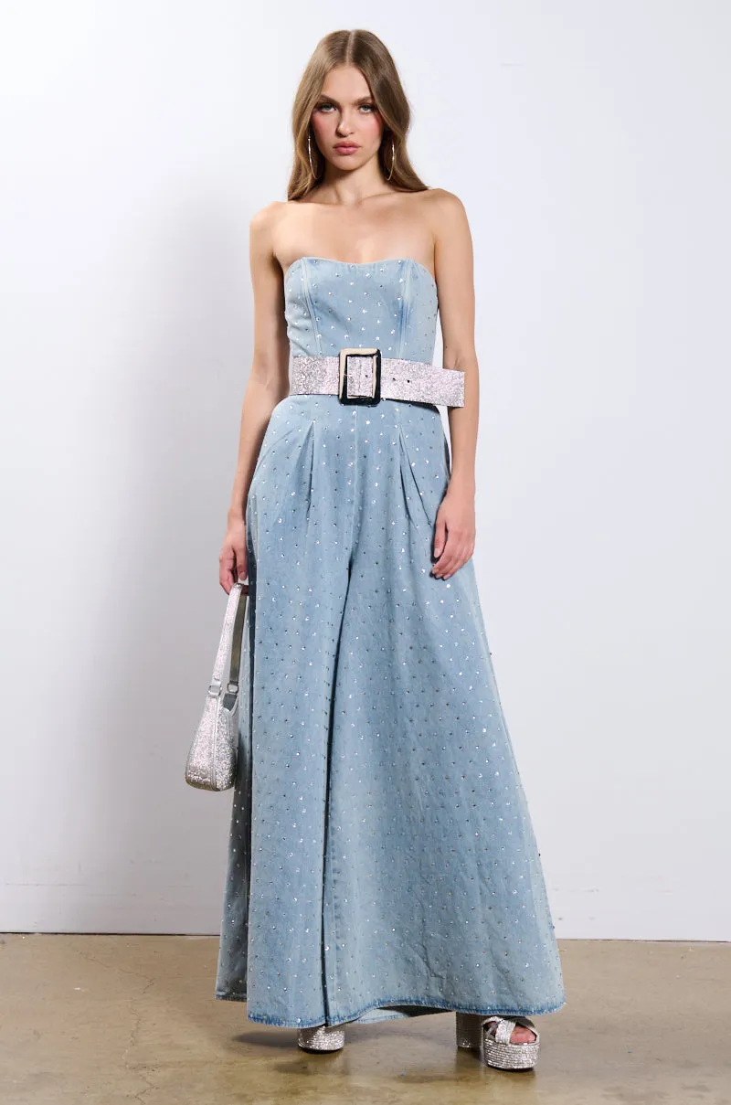 CAN'T OUTSHINE ME DENIM AND RHINESTONE JUMPSUIT sold by AKIRA product image thumbnail 3