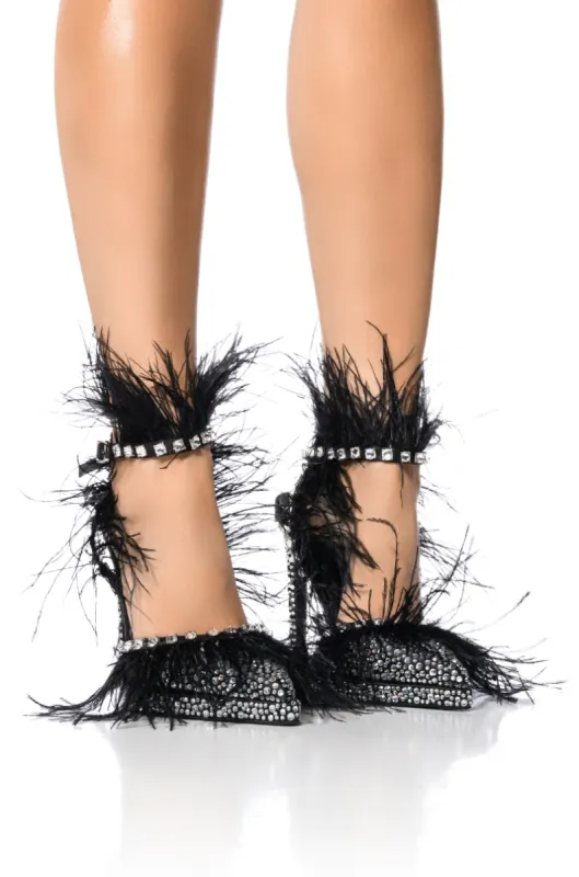 AZALEA WANG SEINE BLACK FEATHER AND DIAMOND EMBELLISHED PUMP sold by AKIRA