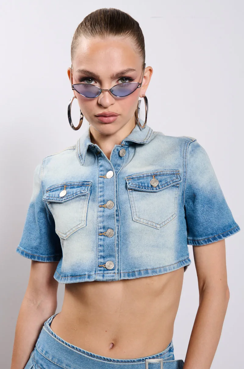 WISH U THE BEST CROP DENIM BLOUSE sold by AKIRA