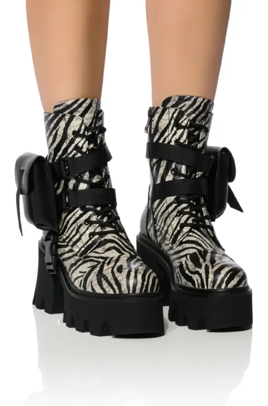 AZALEA WANG FOLLOW CHUNKY COMBAT BOOTIE IN ZEBRA sold by AKIRA