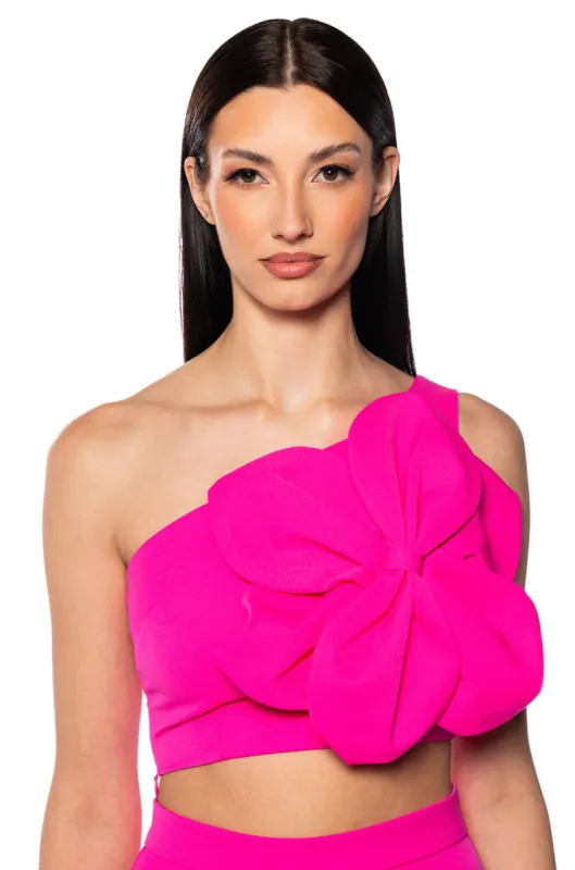 AZALEA ASYMMETRIC APPLIQUE CROP TOP IN PINK sold by AKIRA