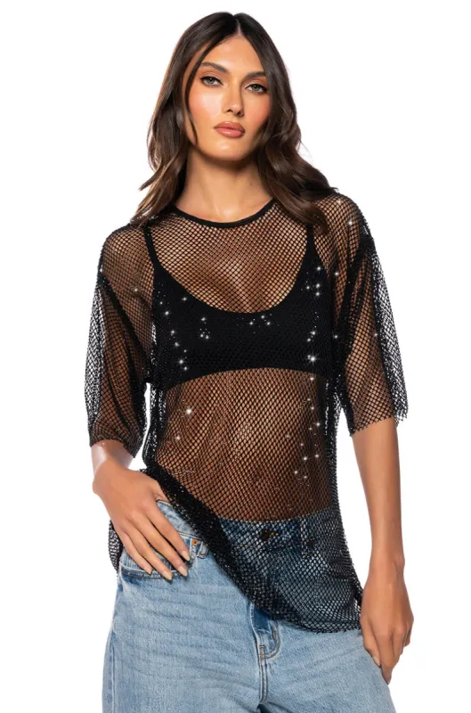 GOT PLANS TONIGHT RHINESTONE MESH T-SHIRT sold by AKIRA