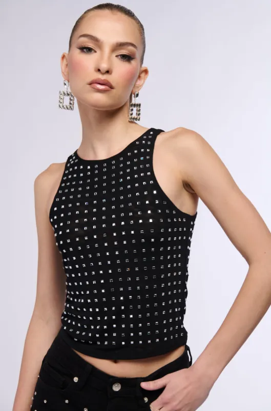 ALL STAR GIRL RHINESTONE EMBELLISHED MESH TANK IN BLACK sold by AKIRA