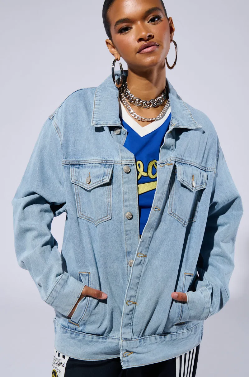 BE RIGHT BACK OVERSIZED DENIM JACKET sold by AKIRA