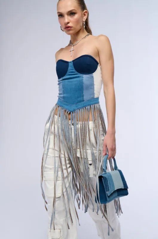 SADDLE UP DENIM FRINGE STRAPLESS CORSET TOP sold by AKIRA