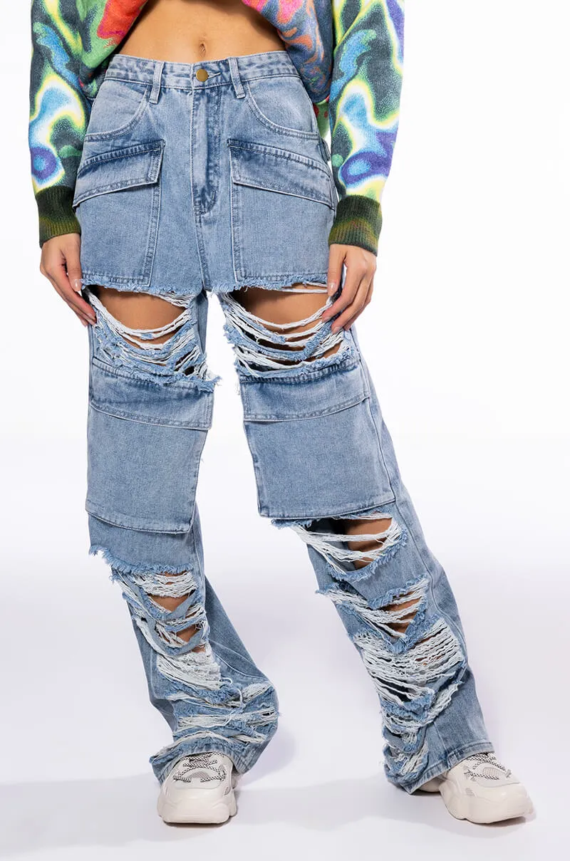 NEVER STRESSED DISTRESSED RELAXED FIT JEANS sold by AKIRA