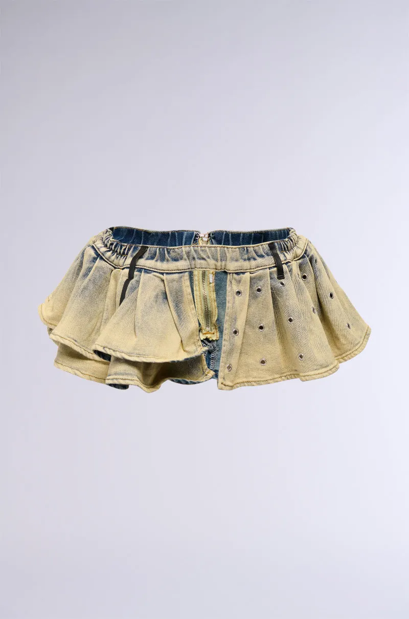 NEVER JADED WASHED DENIM BELT SKIRT IN YELLOW sold by AKIRA product image thumbnail 2