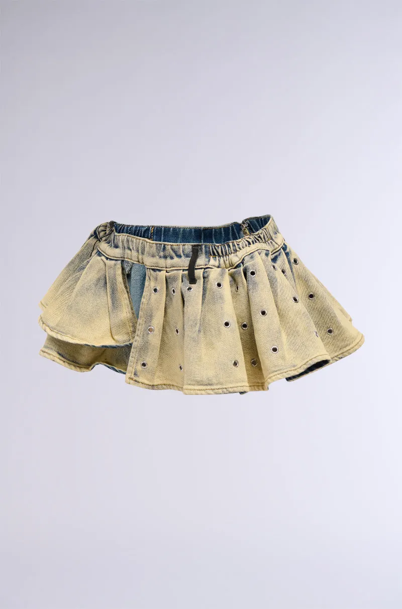 NEVER JADED WASHED DENIM BELT SKIRT IN YELLOW sold by AKIRA product image thumbnail 3