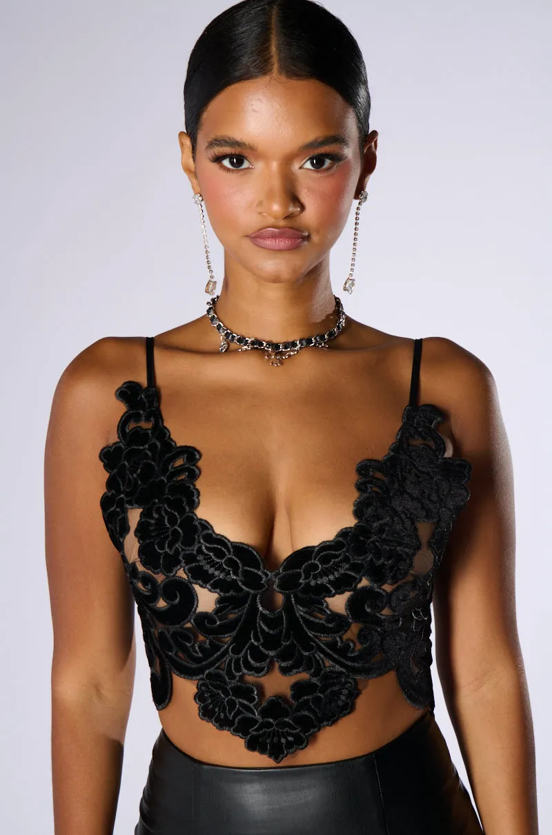 IN THE GARDEN VELVET BRALETTE TOP IN BLACK sold by AKIRA