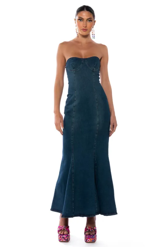 JENNA FLARE DENIM MAXI DRESS sold by AKIRA