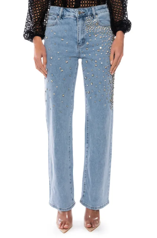 RILEE EMBELLISHED STRAIGHT FIT JEANS sold by AKIRA