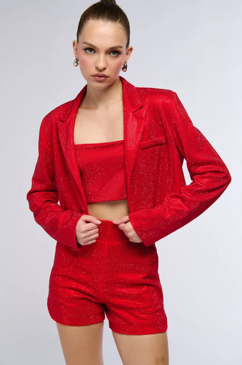 POP STAR HOT FIX RHINESTONE CROPPED BLAZER IN RED sold by AKIRA product image thumbnail 2