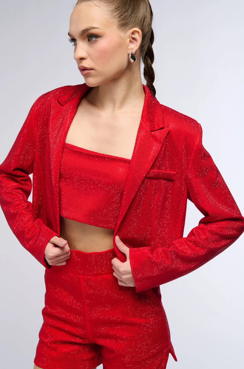 POP STAR HOT FIX RHINESTONE CROPPED BLAZER IN RED sold by AKIRA
