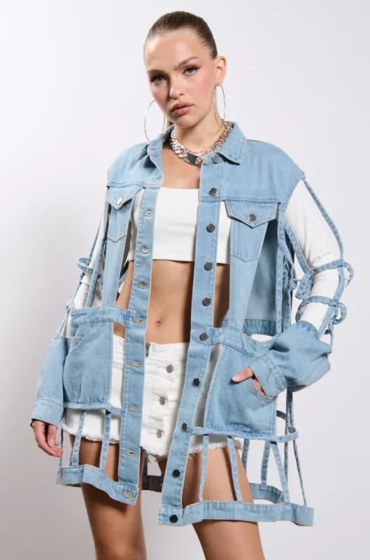 CUT IT OUT DENIM JACKET sold by AKIRA