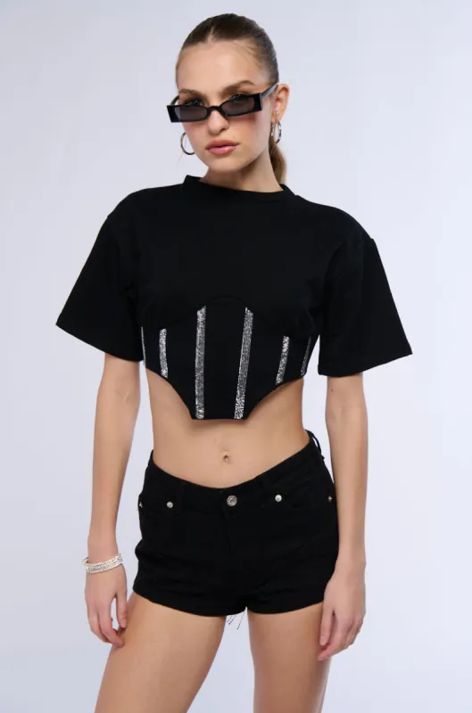 SUGAR EMBELLISHED RHINESTONE CORSET DETAIL T SHIRT sold by AKIRA