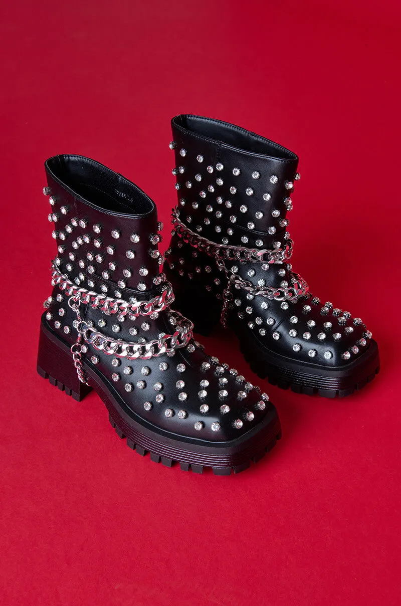 AZALEA WANG COVEN BLACK EMBELLISHED COMBAT BOOT sold by AKIRA