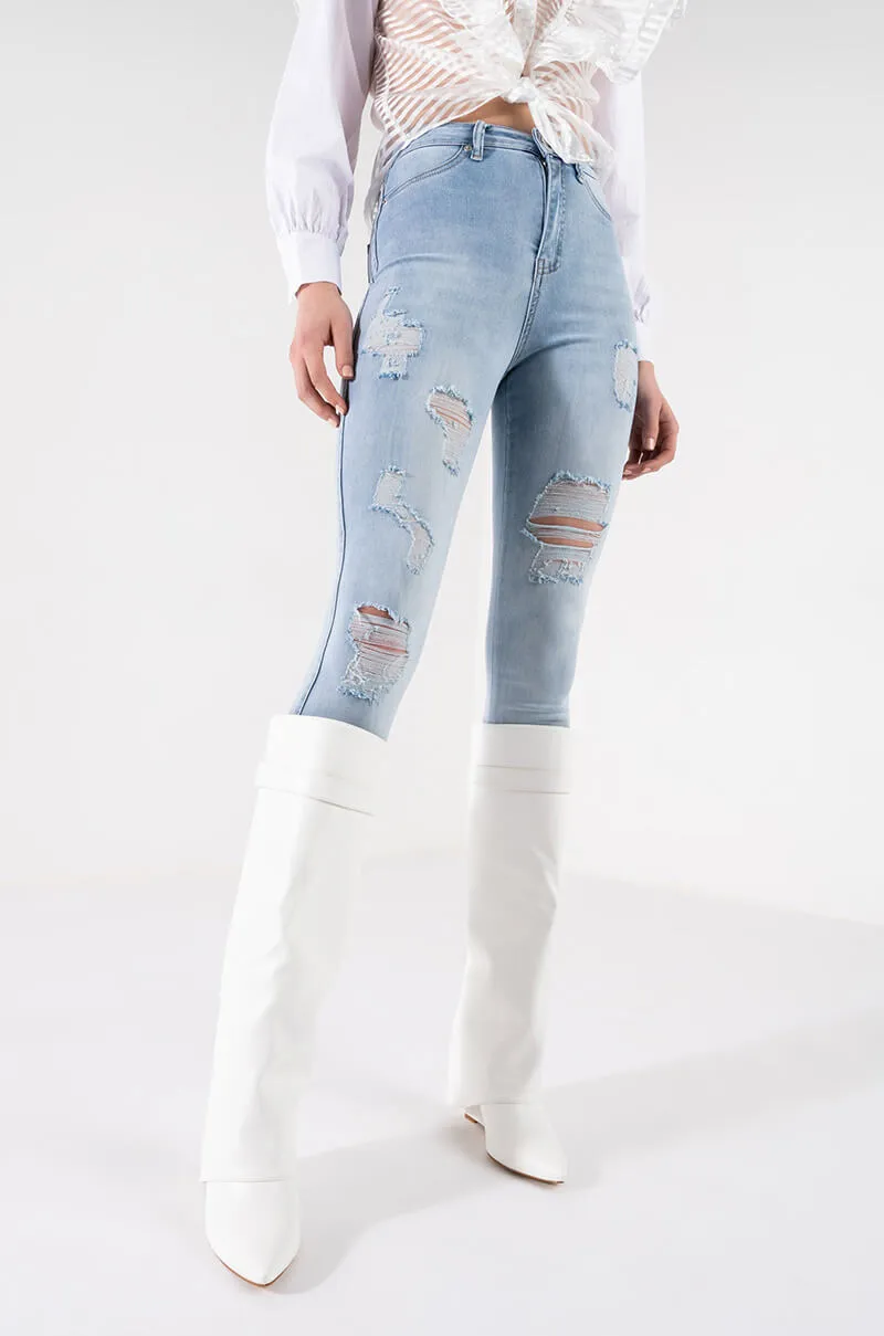 FLEX-FIT EXTREME STRETCH HIGH WAISTED DISTRESSED SKINNY JEANS sold by AKIRA