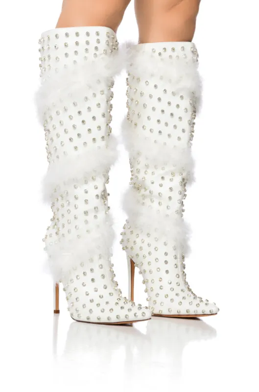 AZALEA WANG GARDENIA FEATHER EMBELLISHED BOOT IN WHITE sold by AKIRA