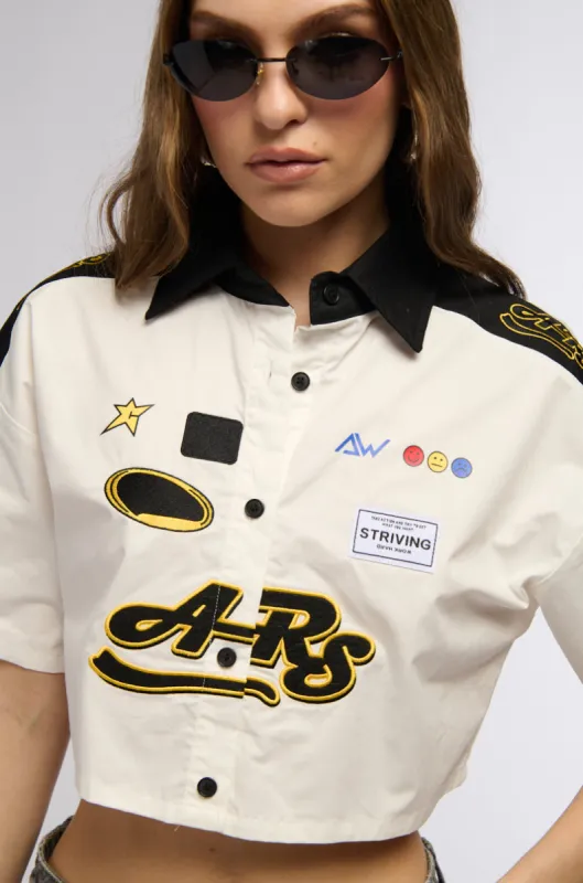 MEET YOU AT THE FINISH LINE COLLARED CROPPED SHIRT sold by AKIRA