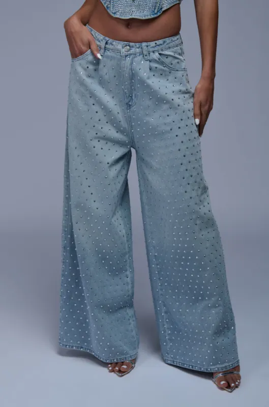 DAZZLED RHINESTONE STUDDED DENIM PANTS sold by AKIRA