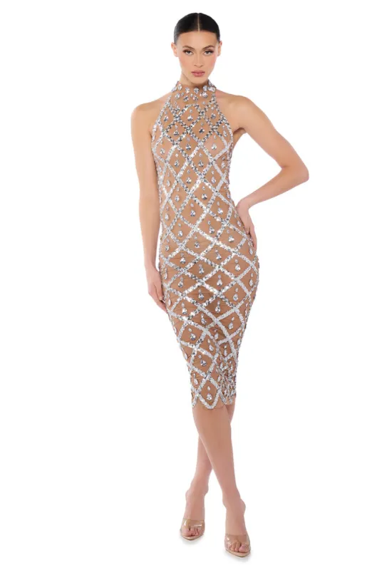 DIAMONDS ARE FOREVER MESH MIDI DRESS IN BEIGE sold by AKIRA