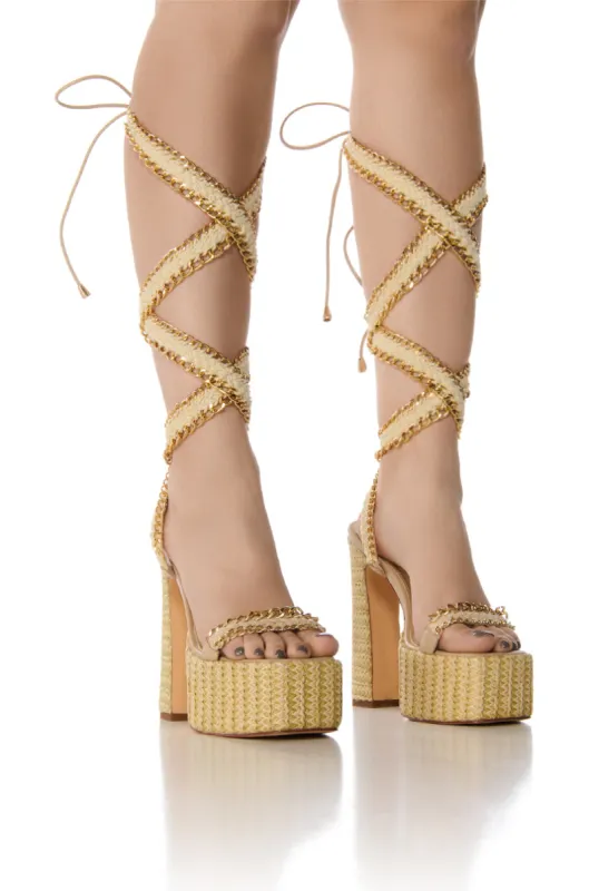 AZALEA WANG WYLIE BEIGE WITH GOLD CHAIN PLATFORM SANDAL sold by AKIRA