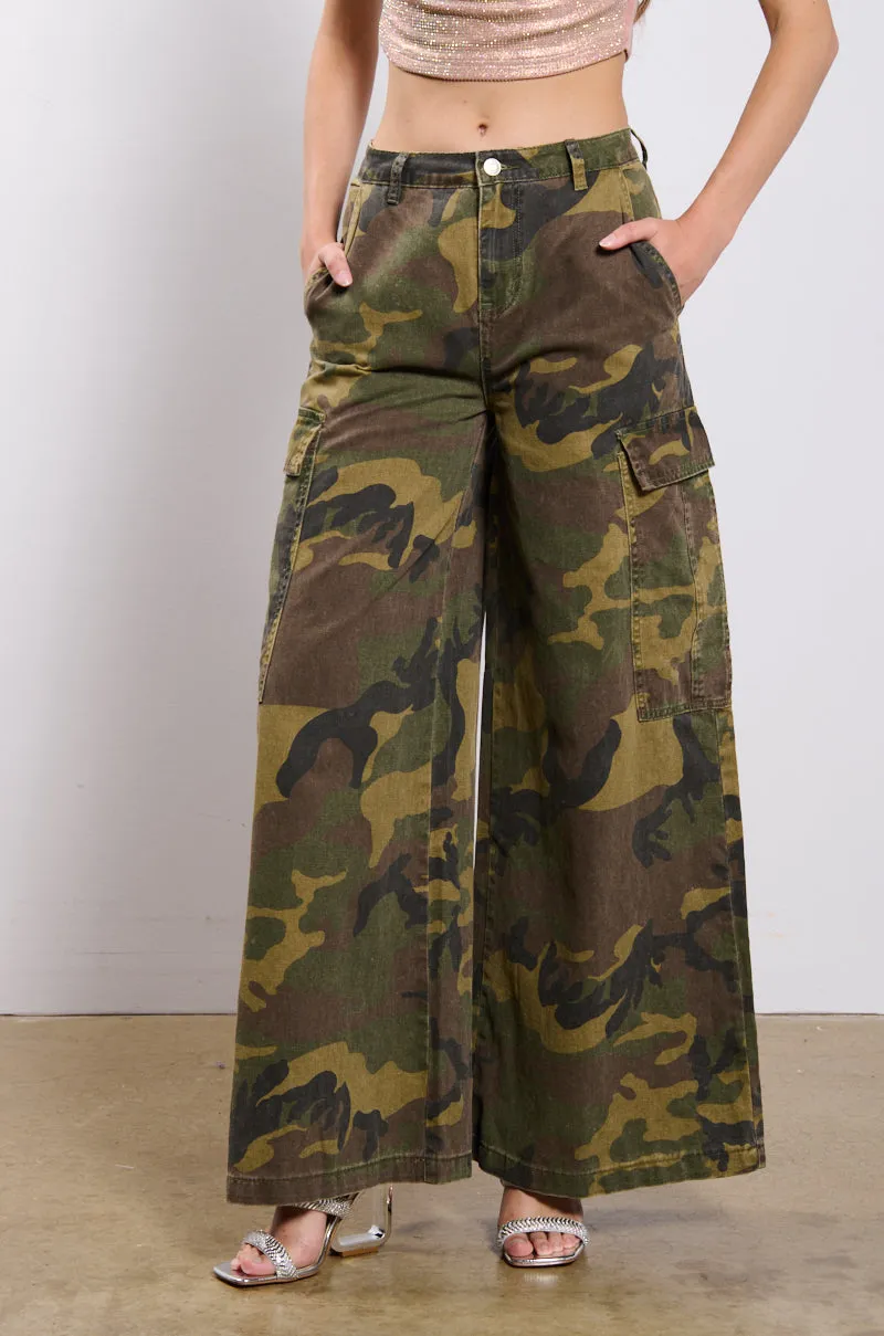 RIDE WITH ME CAMO WIDE LEG PANT sold by AKIRA