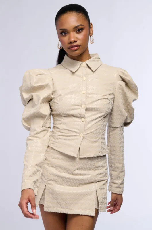 BETTER OFF ALONE PU HOUNDSTOOTH BUTTON DOWN BLOUSE IN IVORY sold by AKIRA