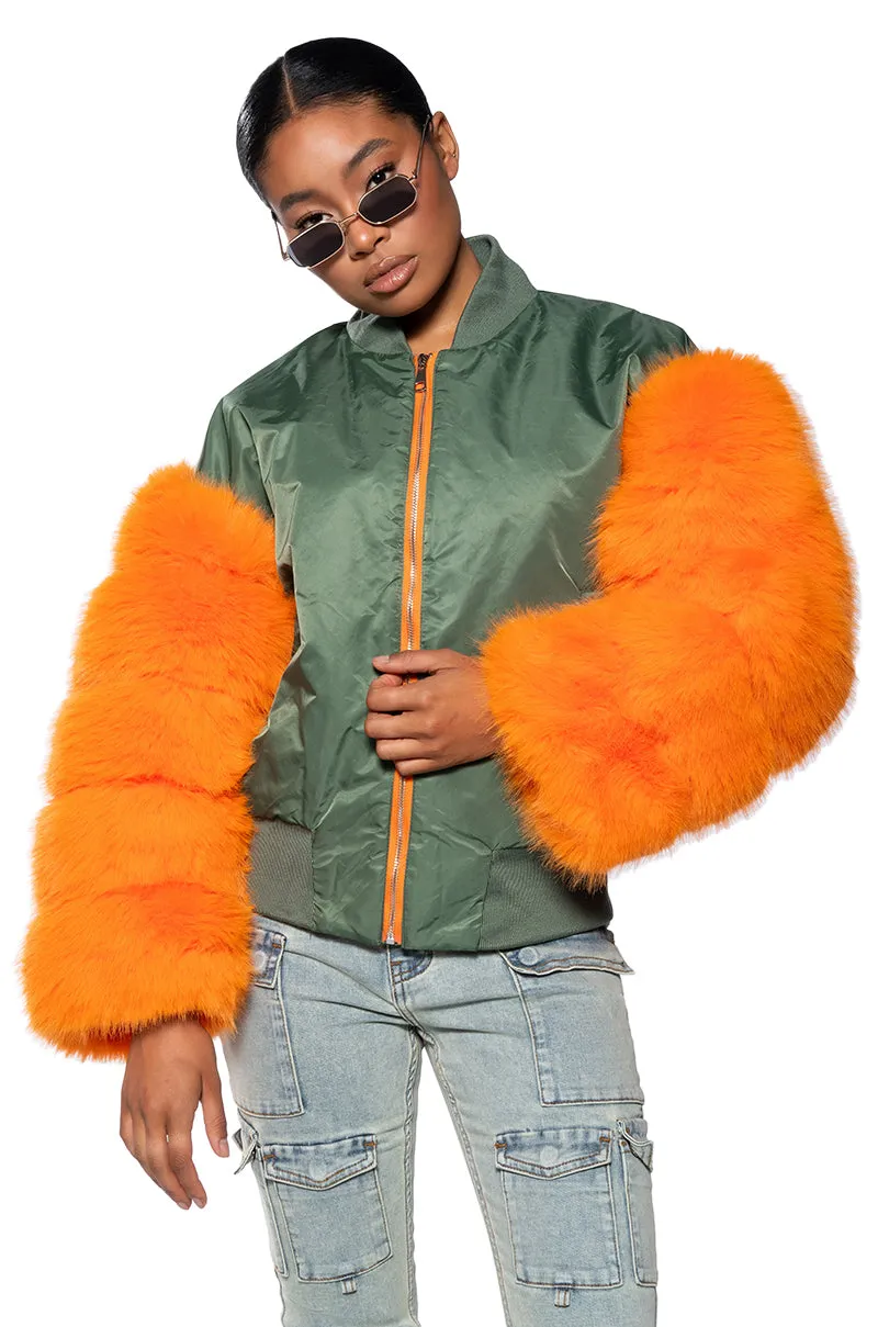ENDLESS FAUX FUR SLEEVE BOMBER JACKET sold by AKIRA product image thumbnail 2