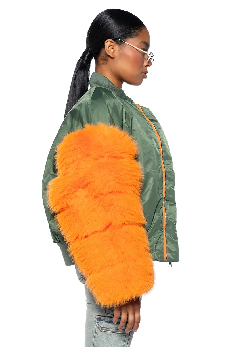 ENDLESS FAUX FUR SLEEVE BOMBER JACKET sold by AKIRA product image thumbnail 4