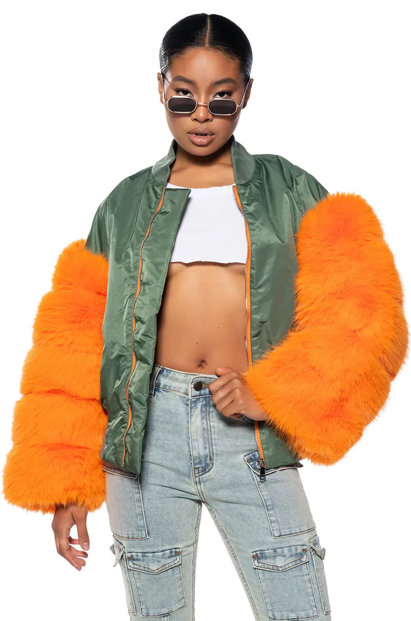 ENDLESS FAUX FUR SLEEVE BOMBER JACKET sold by AKIRA