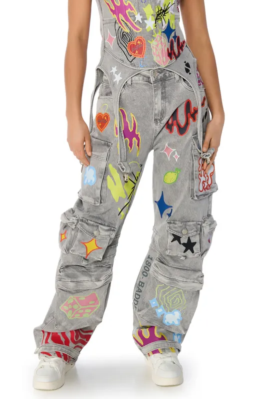 GRAFFITI DETAIL RELAXED LEG CARGO JEANS sold by AKIRA