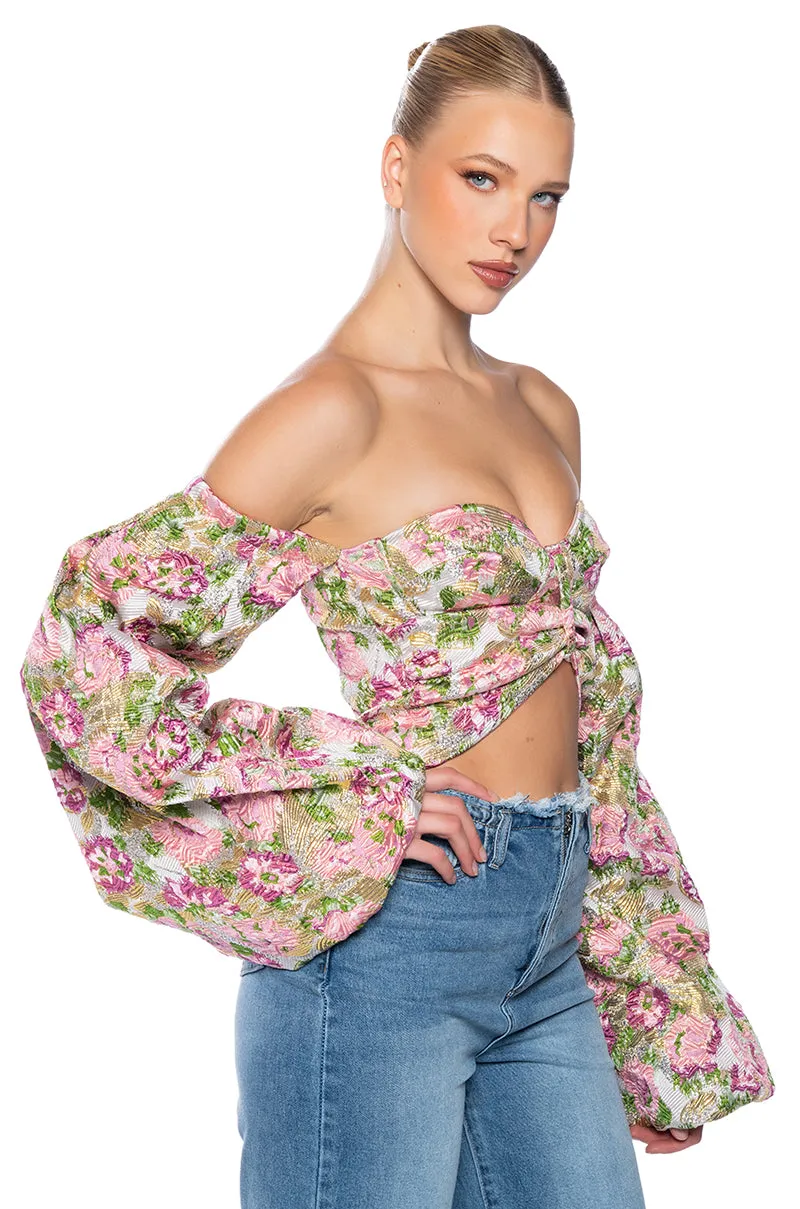 THE CROWN JEWEL CROPPED BROCADE SLEEVE BLOUSE sold by AKIRA product image thumbnail 3