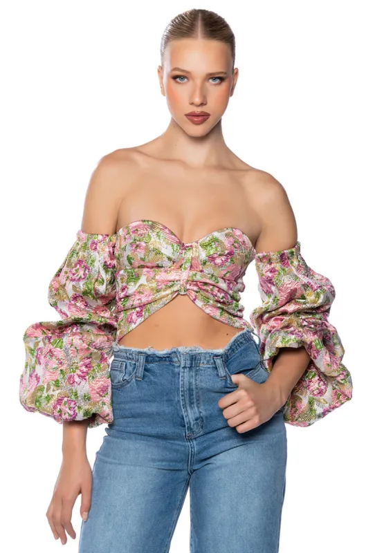 THE CROWN JEWEL CROPPED BROCADE SLEEVE BLOUSE sold by AKIRA