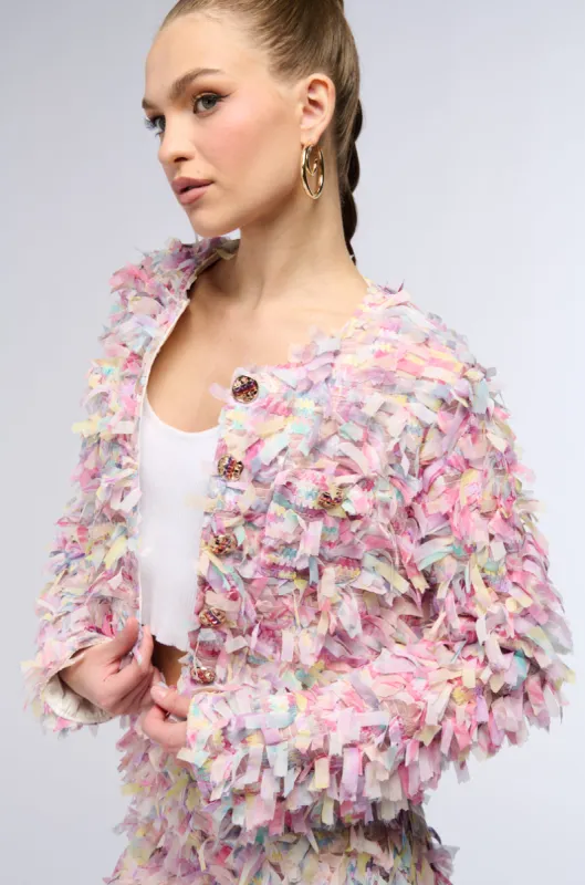 HERE WITH ME FRINGE BLAZER JACKET IN PINK MULTI sold by AKIRA