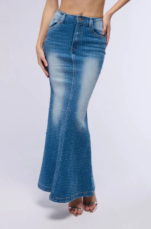 RICH GIRL ENERGY EMBELLISHED DENIM MAXI SKIRT sold by AKIRA