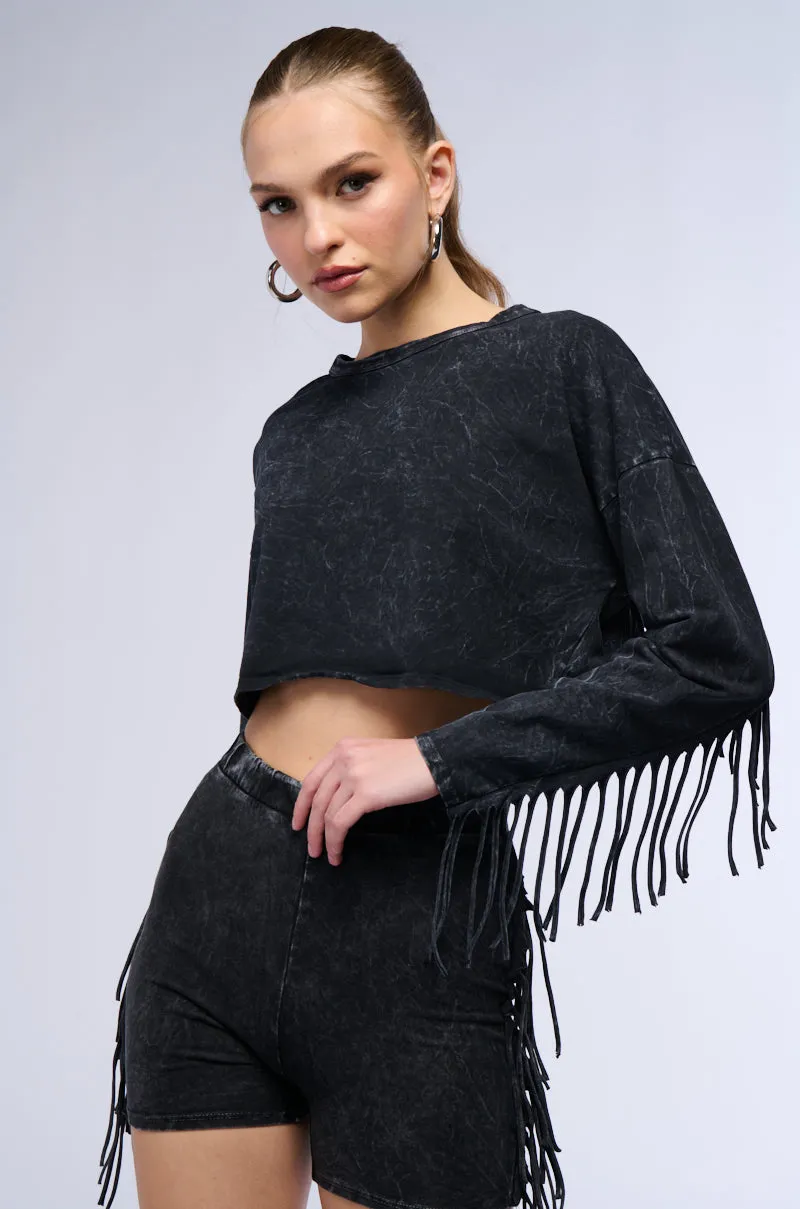 NYX WASHED FRINGE SWEATSHIRT sold by AKIRA