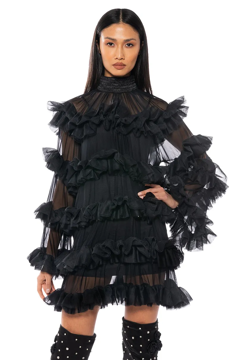ROMANTIC LAYERED RUFFLES LONG SLEEVE MINI DRESS sold by AKIRA