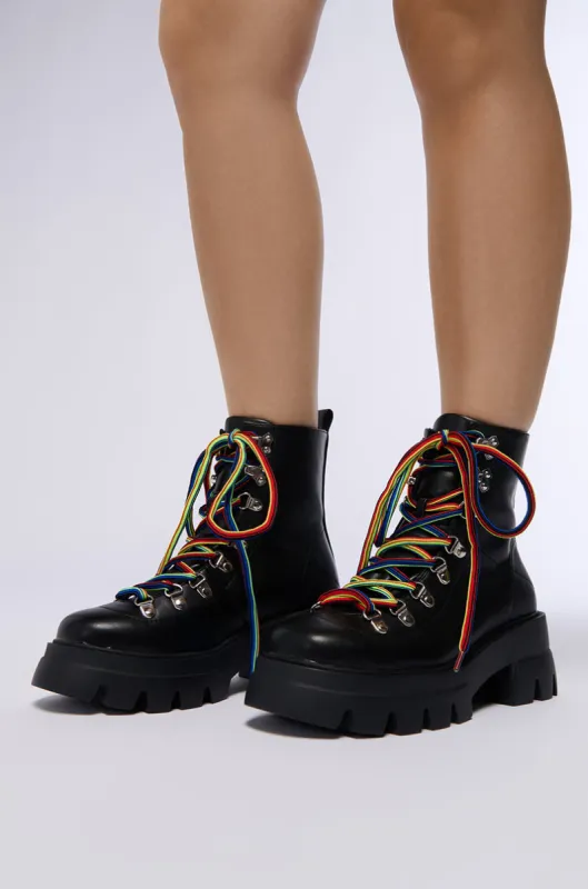 AZALEA WANG BRACKEN BLACK FLATFORM BOOTIE WITH RAINBOW LACES sold by AKIRA