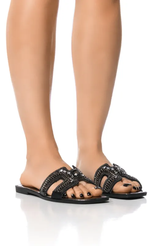 AZALEA WANG MADIHA BLACK EMBELLISHED FLAT SANDAL sold by AKIRA