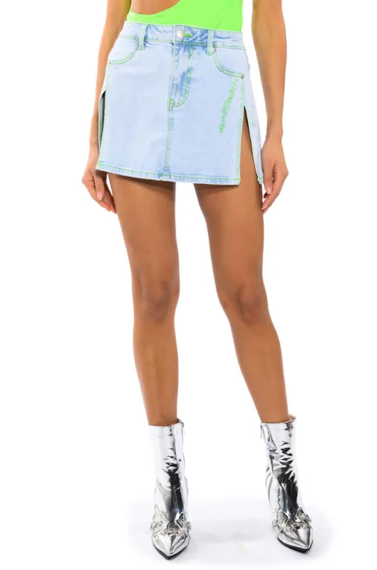 MIA DOUBLE SLIT MICRO MINI DENIM SKIRT sold by AKIRA