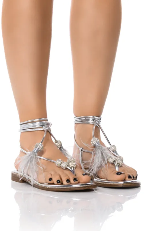 AZALEA WANG ROCKFORD TIE UP FLAT SANDAL IN SILVER sold by AKIRA