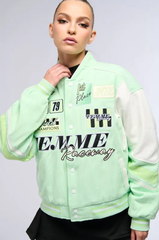 FIRST THINGS FIRST EMBROIDERED BOMBER sold by AKIRA